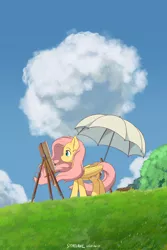 Size: 1280x1920 | Tagged: safe, alternate version, artist:symbianl, derpibooru import, fluttershy, pegasus, pony, cloud, crossover, easel, female, folded wings, image, jpeg, looking at something, mare, mouth hold, movie poster, outdoors, paintbrush, parody, poster, poster parody, profile, solo, standing, studio ghibli, the wind rises, umbrella, wind, windswept mane, wings