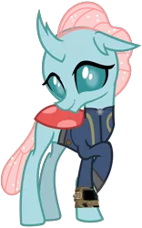 Size: 2000x3200 | Tagged: safe, artist:cheezedoodle96, artist:ponygamer2020, derpibooru import, ocellus, changedling, changeling, fallout equestria, school daze, clothes, crossed legs, cute, cuteling, diaocelles, fallout, female, image, jumpsuit, looking at you, pipboy, png, shy, simple background, smiling, solo, transparent background, vault suit, vector