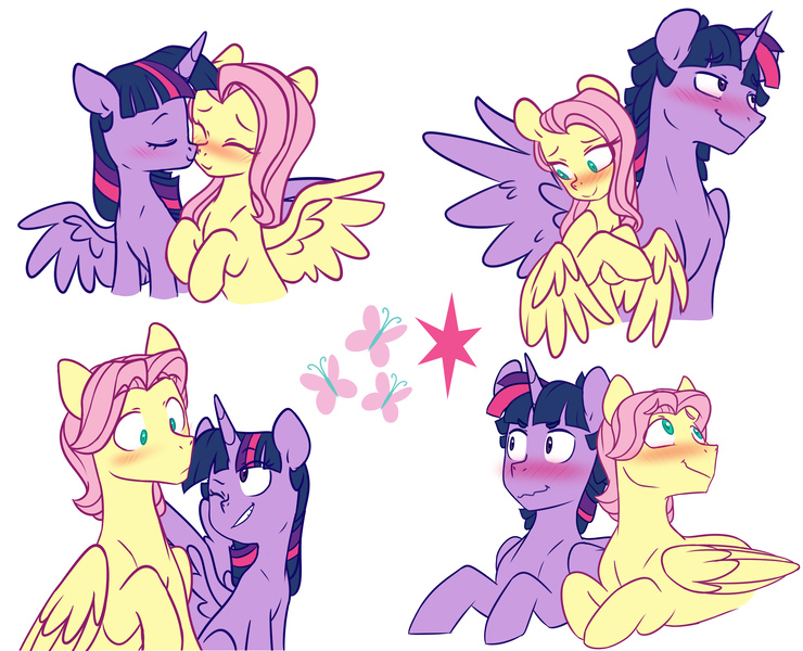 Size: 6000x4867 | Tagged: safe, artist:chub-wub, derpibooru import, fluttershy, twilight sparkle, twilight sparkle (alicorn), alicorn, pegasus, pony, blushing, butterscotch, buttershine, cute, dusk shine, duskshy, eyes closed, female, gay, half r63 shipping, hug, image, jpeg, lesbian, male, mare, nuzzling, one eye closed, raised hoof, rule 63, shipping, shyabetes, simple background, stallion, straight, twiabetes, twiscotch, twishy, white background, winghug, wings, wink