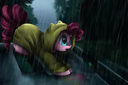 Size: 4117x2757 | Tagged: safe, artist:pridark, derpibooru import, pinkie pie, earth pony, pony, absurd file size, boots, clothes, cupcake, female, food, image, mare, png, rain, raincoat, sewer, shoes, signature, solo, stephen king's it, this will end in death