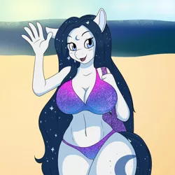 Size: 1280x1280 | Tagged: safe, artist:axelferdinan, artist:beholdervee, derpibooru import, oc, unofficial characters only, anthro, earth pony, beach, belly button, big breasts, bikini, breasts, clothes, commission, digital art, female, image, jpeg, ocean, sand, solo, solo female, swimsuit, tail, thighs, waving, wide hips, ych result