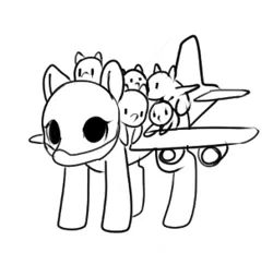 Size: 303x281 | Tagged: safe, artist:anonymous, oc, unofficial characters only, original species, plane pony, pony, black and white, grayscale, image, monochrome, plane, png, ponies riding ponies, riding, riding on back