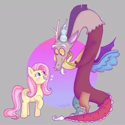 Size: 900x900 | Tagged: safe, artist:saltysel, derpibooru import, discord, fluttershy, draconequus, pegasus, pony, abstract background, discoshy, eyelashes, female, image, jpeg, male, open mouth, raised hoof, shipping, smiling, straight, wings