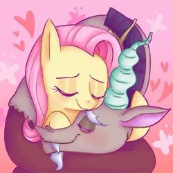 Size: 1047x1047 | Tagged: safe, artist:saltysel, derpibooru import, discord, fluttershy, draconequus, pegasus, pony, bust, coils, discoshy, eyelashes, eyes closed, female, heart, hug, image, jpeg, male, mare, shipping, smiling, straight