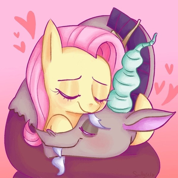 Size: 1047x1047 | Tagged: safe, alternate version, artist:saltysel, derpibooru import, discord, fluttershy, draconequus, pegasus, pony, bust, coils, discoshy, eyelashes, eyes closed, female, heart, hug, image, jpeg, male, mare, shipping, smiling, straight