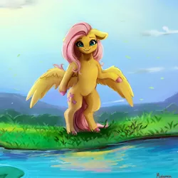 Size: 4000x4000 | Tagged: safe, artist:miokomata, derpibooru import, fluttershy, pegasus, pony, semi-anthro, colored hooves, cute, female, floppy ears, freckles, freckleshy, image, jpeg, looking at you, mare, shyabetes, smiling, solo