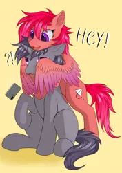 Size: 2480x3508 | Tagged: safe, derpibooru import, oc, pegasus, pony, unicorn, happy, hug, image, jpeg, phone, sitting, surprised, winghug, wings