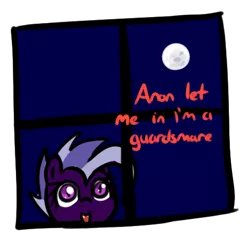 Size: 485x466 | Tagged: safe, artist:neuro, derpibooru import, oc, oc:purity ebonshield, unofficial characters only, bat pony, pony, fanfic:everyday life with guardsmares, /mlp/, 4chan, bat pony oc, bat wings, dude let me in, everyday life with guardsmares, female, guardsmare, image, mare, moon, png, royal guard, simple background, speech bubble, text, transparent background, window, wings