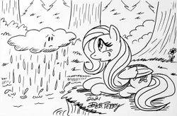 Size: 3628x2387 | Tagged: safe, artist:debmervin, derpibooru import, fluttershy, pegasus, pony, black and white, cloud, grayscale, image, ink drawing, jpeg, monochrome, river, sad, traditional art, tree