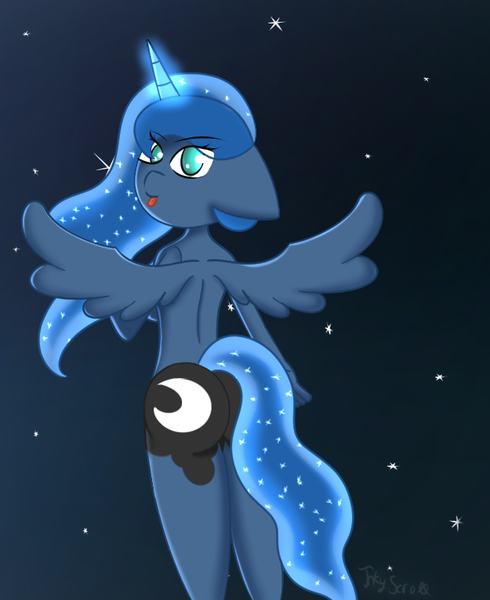 Size: 625x765 | Tagged: suggestive, artist:inky scroll, derpibooru import, princess luna, alicorn, anthro, butt, cute, female, image, looking at you, night, nudity, png, solo, spread wings, stars, tongue out, wings