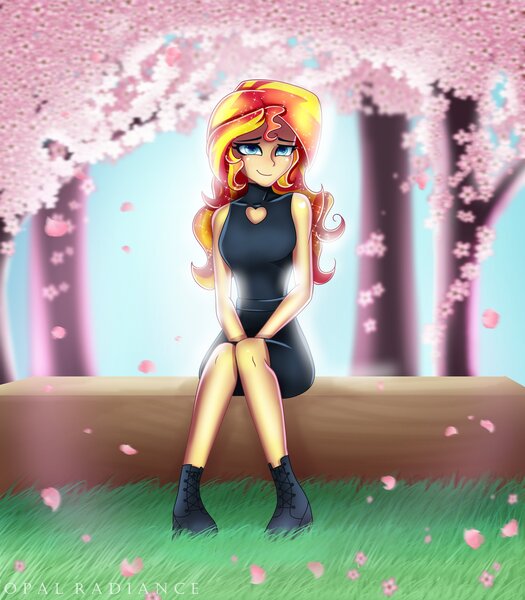 Size: 3581x4096 | Tagged: safe, artist:opal_radiance, derpibooru import, sunset shimmer, equestria girls, bare shoulders, boots, cherry blossoms, clothes, cute, dress, eyebrows, eyelashes, female, flower, flower blossom, full body, hair, image, jpeg, long hair, looking at you, petals, shoes, sitting, smiling, smiling at you, solo, solo female, sparkly hair, sparkly mane, tree