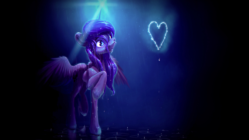 Size: 3827x2153 | Tagged: safe, artist:itssim, derpibooru import, princess luna, alicorn, pony, blue eyes, heart, image, jpeg, magic, night, rain, solo, wings