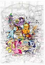 Size: 423x600 | Tagged: safe, artist:andypriceart, derpibooru import, idw, applejack, fluttershy, pinkie pie, rainbow dash, rarity, spike, twilight sparkle, album cover, art is magic, coloring, cover, cute, drawing, frown, glare, grumpy, highlander, hoof hold, image, joe kubert, jpeg, licking, licking lips, looking at you, lying down, magic, mane seven, mane six, mouth hold, movie poster, movie reference, music reference, open mouth, prone, raised eyebrow, sitting, skull, sleeping, smiling, star trek, telekinesis, the rolling stones, tongue out, typewriter, unamused, z