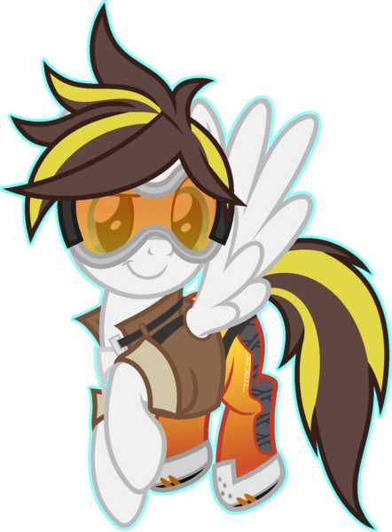 Size: 1024x1390 | Tagged: safe, artist:pegasski, derpibooru import, oc, oc:ruffian, pegasus, pony, clothes, cosplay, costume, female, image, mare, overwatch, png, simple background, solo, tracer, transparent background