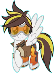 Size: 1024x1390 | Tagged: safe, artist:pegasski, derpibooru import, oc, oc:ruffian, pegasus, pony, clothes, cosplay, costume, female, image, mare, overwatch, png, simple background, solo, tracer, transparent background