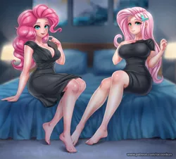 Size: 1500x1358 | Tagged: safe, alternate version, artist:racoonsan, banned from derpibooru, deleted from derpibooru, derpibooru import, fluttershy, pinkie pie, human, barefoot, bed, bedroom, big breasts, black dress, blue eyes, breasts, busty fluttershy, busty pinkie pie, cleavage, clothes, dress, eyelashes, feet, female, females only, hair, humanized, image, jpeg, legs, little black dress, long hair, looking at you, open mouth, sitting, smiling, smiling at you