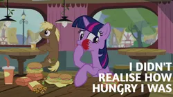 Size: 1280x720 | Tagged: safe, derpibooru import, edit, edited screencap, editor:quoterific, screencap, twilight sparkle, twilight sparkle (alicorn), alicorn, earth pony, pony, twilight time, aweeg*, burger, female, food, hay burger, hungry, image, jpeg, ketchup, male, mare, sauce, sitting, stallion