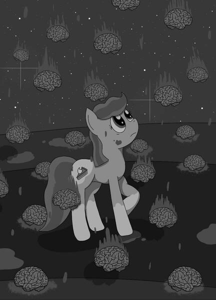 Size: 1080x1501 | Tagged: safe, artist:shycookieq, derpibooru import, oc, unofficial characters only, earth pony, pony, brain, earth pony oc, female, grayscale, image, jpeg, looking up, mare, monochrome, organs, pun, raised hoof, solo, visual pun