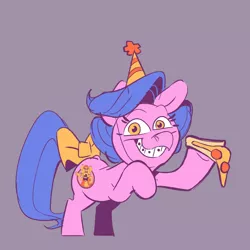 Size: 1024x1024 | Tagged: safe, anonymous artist, derpibooru import, pony, bow, braces, chuck e cheese, chuck e cheese pony, female, filly, food, g1, hat, image, party hat, pizza, png, solo, tail bow, toy interpretation