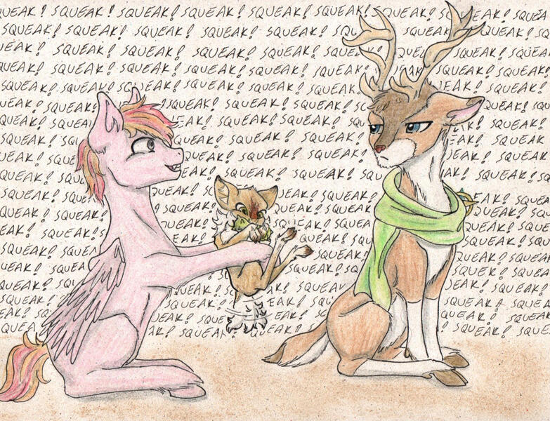 Size: 1503x1152 | Tagged: safe, artist:cindertale, derpibooru import, oc, oc:cinder, unofficial characters only, deer, pegasus, pony, reindeer, antlers, chest fluff, clothes, deer oc, holding a pony, image, jpeg, male, onomatopoeia, open mouth, pegasus oc, scarf, smiling, squeak, stallion, traditional art, unamused, wings