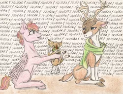 Size: 1503x1152 | Tagged: safe, artist:cindertale, derpibooru import, oc, oc:cinder, unofficial characters only, deer, pegasus, pony, reindeer, antlers, chest fluff, clothes, deer oc, holding a pony, image, jpeg, male, onomatopoeia, open mouth, pegasus oc, scarf, smiling, squeak, stallion, traditional art, unamused, wings