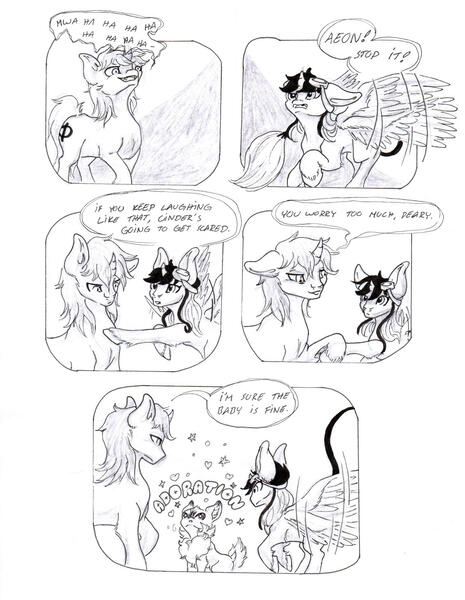 Size: 1654x2136 | Tagged: safe, artist:cindertale, derpibooru import, oc, oc:cinder, oc:lightning bliss, unofficial characters only, alicorn, deer, pony, unicorn, alicorn oc, chest fluff, comic, deer oc, dialogue, female, horn, image, jpeg, lineart, looking up, male, mare, monochrome, stallion, starry eyes, traditional art, wingding eyes, wings