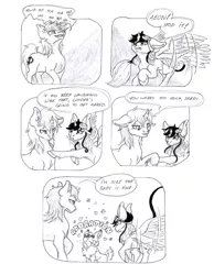 Size: 1654x2136 | Tagged: safe, artist:cindertale, derpibooru import, oc, oc:cinder, oc:lightning bliss, unofficial characters only, alicorn, deer, pony, unicorn, alicorn oc, chest fluff, comic, deer oc, dialogue, female, horn, image, jpeg, lineart, looking up, male, mare, monochrome, stallion, starry eyes, traditional art, wingding eyes, wings