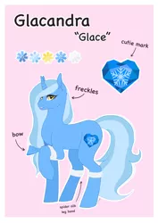 Size: 2480x3508 | Tagged: safe, artist:themstap, derpibooru import, oc, oc:glacandra, pony, unicorn, bow, female, freckles, image, legband, mare, png, reference sheet, smiling