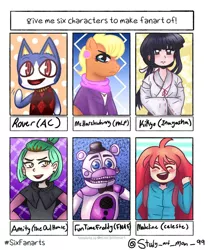 Size: 1080x1290 | Tagged: safe, artist:study_art_man_99, derpibooru import, ms. harshwhinny, anthro, cat, earth pony, human, pony, six fanarts, amity blight, animal crossing, animatronic, anthro with ponies, blushing, bust, celeste, clothes, crossover, ear piercing, eyes closed, five nights at freddy's, frown, funtime freddy, furry, image, inuyasha, jpeg, kikyo, open mouth, piercing, smiling, the owl house