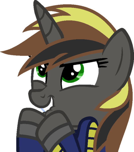 Size: 594x670 | Tagged: safe, artist:pegasski, derpibooru import, oc, unofficial characters only, pony, unicorn, fallout equestria, base used, bust, clothes, eyelashes, female, horn, image, lip bite, mare, png, simple background, solo, transparent background, unicorn oc, vault suit