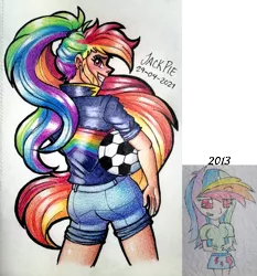 Size: 1827x1957 | Tagged: safe, artist:jack-pie, derpibooru import, rainbow dash, human, football, humanized, image, png, redraw, simple background, sports, traditional art