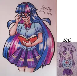 Size: 1377x1350 | Tagged: safe, artist:jack-pie, derpibooru import, twilight sparkle, human, clothes, glasses, humanized, image, png, redraw, simple background, skirt, traditional art