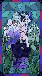 Size: 1280x2278 | Tagged: safe, artist:raindrophalo, derpibooru import, oc, hybrid, mermaid, seapony (g4), blue eyes, blue mane, bubble, commission, female, fins, fish tail, flowing mane, image, jewelry, jpeg, necklace, ocean, pearl, pearl necklace, seashell, seaweed, solo, tail, underwater, water