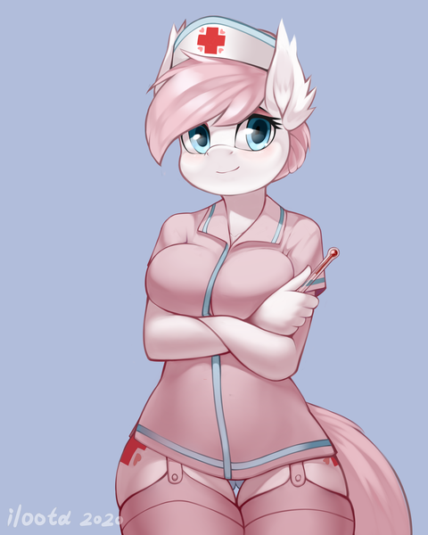Size: 4000x5000 | Tagged: suggestive, artist:iloota, nurse redheart, anthro, earth pony, breast lift, breasts, busty nurse redheart, clothes, crossed arms, ear fluff, female, image, nurse, nurse outfit, panties, png, shirt, signature, smiling, solo, solo female, stockings, thermometer, thigh highs, underwear