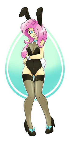 Size: 825x1650 | Tagged: suggestive, artist:ambris, fluttershy, equestria girls, breasts, bunny suit, bunny tail, cleavage, clothes, cuffs, female, high heels, image, png, shoes, solo, stockings, thigh highs