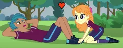 Size: 899x352 | Tagged: safe, derpibooru import, edit, edited screencap, screencap, carlos thunderbolt, orange sherbette, pinkie spy (short), background human, cropped, crystal prep academy students, female, heart, image, male, png, shipping, sit-ups, straight, thunderbette