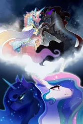 Size: 1280x1914 | Tagged: safe, artist:pumpkabooo, derpibooru import, king sombra, princess amore, princess celestia, princess luna, alicorn, pony, unicorn, angry, armor, clothes, cloud, duel, ear fluff, ethereal mane, fangs, female, flowing mane, flowing tail, hoof shoes, horn, image, jpeg, looking at each other, male, night, snow, sombra eyes, sparkles, starry mane