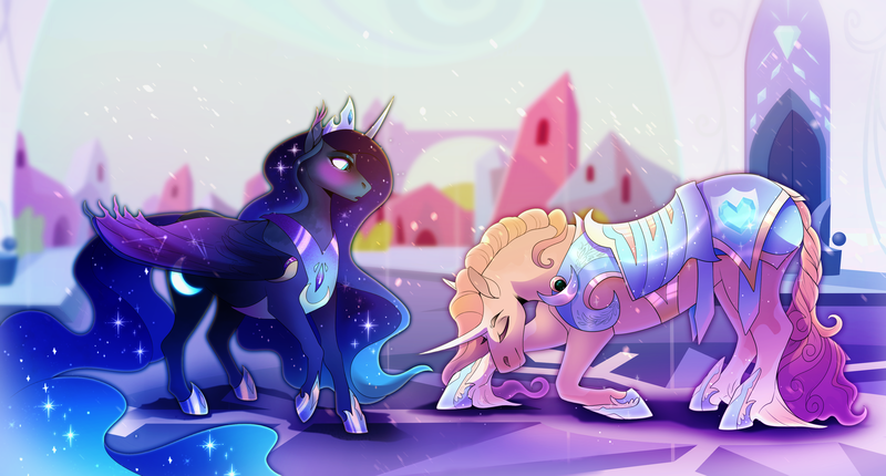 Size: 3643x1960 | Tagged: safe, artist:pumpkabooo, derpibooru import, princess amore, princess luna, alicorn, unicorn, armor, bat wings, blue mane, blushing, crown, crystal empire, ear fluff, ethereal mane, eyes closed, female, flowing mane, flowing tail, hoof shoes, horn, image, jewelry, png, regalia, smiling, snow, sparkles, starry mane, sunlight, wings