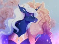 Size: 1280x955 | Tagged: safe, artist:pumpkabooo, derpibooru import, princess amore, princess luna, alicorn, pony, unicorn, bat wings, collar, colored pupils, curly mane, doodle, ear fluff, ethereal mane, eyelashes, eyes closed, fangs, female, flowing mane, horn, image, jpeg, smiling, snow, sparkles, starry mane, stars, tree, wings