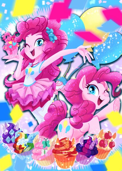 Size: 1464x2048 | Tagged: safe, artist:binco_293, derpibooru import, pinkie pie, earth pony, pony, equestria girls, armpits, arms in the air, clothes, cupcake, duality, food, hands in the air, human ponidox, image, implied applejack, implied fluttershy, implied mane six, implied rainbow dash, implied rarity, implied sunset shimmer, implied twilight sparkle, jpeg, one eye closed, self ponidox, shirt, sleeveless, sleeveless shirt, wink
