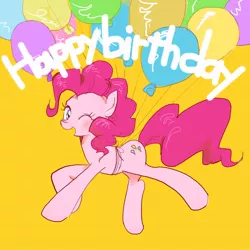 Size: 768x768 | Tagged: safe, artist:rari85beauty2, derpibooru import, pinkie pie, earth pony, balloon, cute, diapinkes, floating, happy, happy birthday, image, jpeg, one eye closed, simple background, then watch her balloons lift her up to the sky, wink