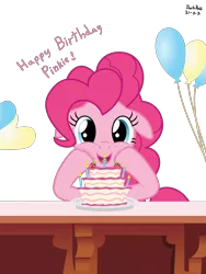 Size: 2400x3200 | Tagged: safe, artist:dashyoshi, derpibooru import, pinkie pie, earth pony, pony, balloon, birthday, birthday cake, cake, candle, floppy ears, food, image, looking at you, open mouth, png, simple background, solo, strawberry, transparent background