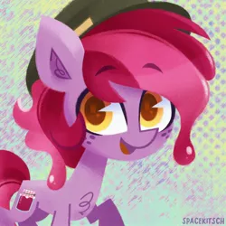 Size: 2000x2000 | Tagged: safe, artist:spacekitsch, derpibooru import, oc, oc:jelly, unofficial characters only, bust, cutie mark, eyebrows, fluffy, food, freckles, hat, image, jelly, jpeg, looking at you, simple background