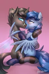 Size: 2000x3000 | Tagged: suggestive, artist:jedayskayvoker, derpibooru import, oc, unnamed oc, unofficial characters only, changeling, pegasus, pony, blushing, clothes, fangs, gay, hug, image, kissing, male, png, salivating, socks, stallion, tongue play, winghug, wings