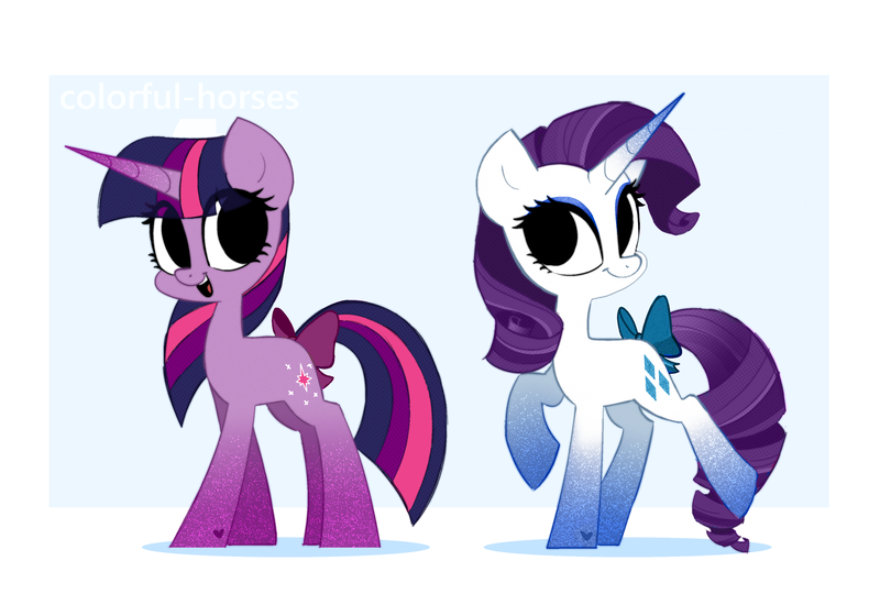 Size: 3571x2500 | Tagged: safe, anonymous editor, artist:syrupyyy, banned from derpibooru, deleted from derpibooru, derpibooru import, edit, rarity, twilight sparkle, pony, unicorn, bow, cute, duo, eyeshadow, female, image, makeup, mare, open mouth, png, raised hoof, raised leg, raribetes, tail bow, twiabetes, unicorn twilight