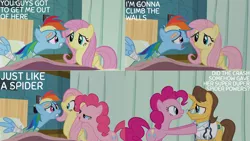 Size: 1280x720 | Tagged: safe, derpibooru import, edit, edited screencap, editor:quoterific, screencap, doctor horse, doctor stable, fluttershy, pinkie pie, rainbow dash, earth pony, pegasus, pony, unicorn, read it and weep, female, image, male, mare, open mouth, png, ponyville hospital, stallion