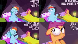 Size: 1280x720 | Tagged: safe, derpibooru import, edit, edited screencap, editor:quoterific, screencap, rainbow dash, scootaloo, pegasus, pony, sleepless in ponyville, duo, duo female, eyes closed, female, floppy ears, image, lamp, mare, messy hair, open mouth, png, sleeping