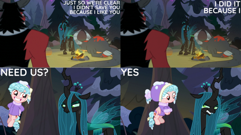 Size: 1280x720 | Tagged: safe, derpibooru import, edit, edited screencap, editor:quoterific, screencap, cozy glow, lord tirek, queen chrysalis, changeling, pegasus, pony, frenemies (episode), cozybetes, cute, eyes closed, female, filly, grin, image, male, mare, open mouth, png, smiling, stallion, tsundere