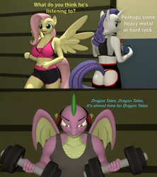 Size: 1920x2160 | Tagged: suggestive, artist:papadragon69, derpibooru import, fluttershy, rarity, spike, anthro, 3d, barbells, breasts, busty fluttershy, butt, comic, dragon tales, gigachad spike, headphones, image, meme, mobile phone, older, older spike, phone, png, ponified meme, rearity, running, running in place, source filmmaker, weight lifting, workout