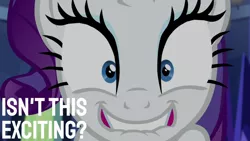 Size: 1280x720 | Tagged: safe, derpibooru import, edit, edited screencap, editor:quoterific, screencap, rarity, pony, unicorn, made in manehattan, close-up, female, grin, image, jpeg, lip bite, mare, smiling, solo, wide eyes